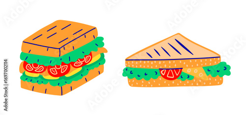 Colorful  graphic design of two sandwiches. Vector hand draw clip art