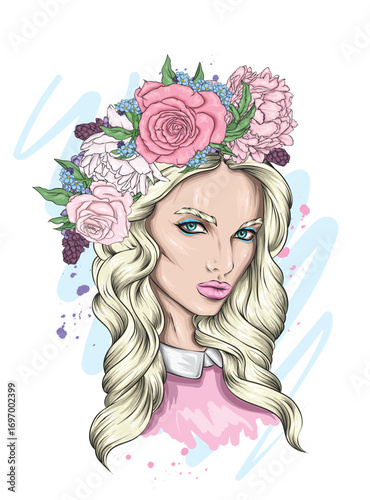 Beautiful girl with long hair in a wreath of roses and peonies. Flowers Big eyes and full lips. Vector illustration for greeting card or poster, print on clothes. Fashion and style, accessories.