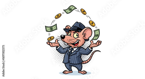 Cartoon Rat Juggling Money in Pinstripe Suit