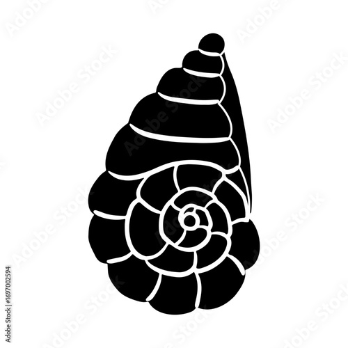 Black and white silhouette of a seashell. Marine design element in hand drawn style. Vector oceanic illustration