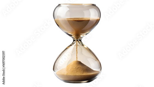 Hourglass with sand running through the bulb isolated on transparent background, symbolizing time, deadlines, and the fleeting nature of life