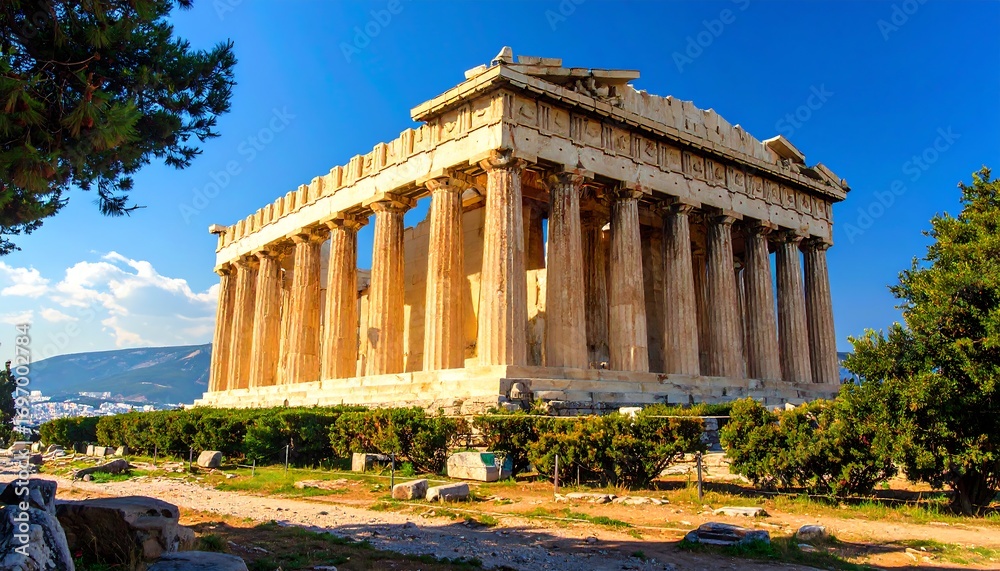 Obraz premium A magnificent ancient temple, bathed in sunlight, showcases intricate columns and a historical Greek structure.