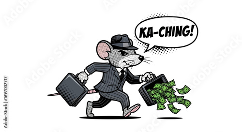 Cartoon Mouse in Suit with Briefcases Full of Money Saying Ka-Ching!