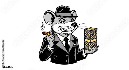 Cartoon Rat Character in Suit Smoking Cigar and Holding Money Stack