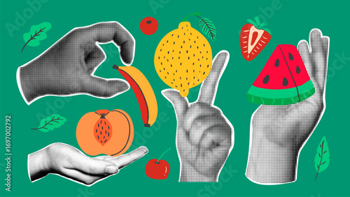 Contemporary art collage with various fruits. Halftone hands holding colorful fruit. Retro design elements. Pop art style composition.