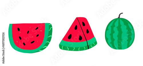 Summer watermelon colorful set. Whole fruit, slice, and wedge. Fresh, juicy elements for seasonal designs. Hand drawn collection
