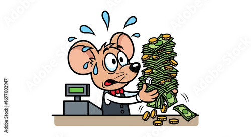 Cartoon Mouse Overwhelmed by a Towering Stack of Money at the Register