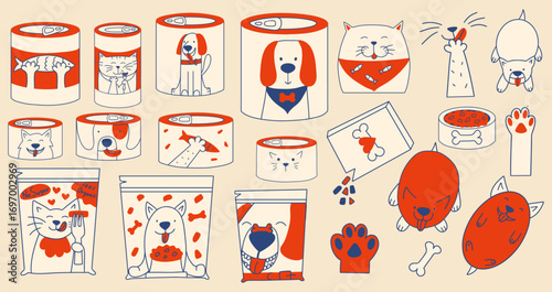 Pet food packaging design elements. Set of cute cat and dog, paws and food cans. Funny hand drawn style vector illustrations