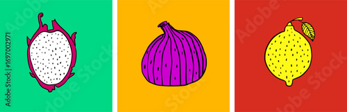 Art hand drawn set with colorful fruits. Postcard with dragonfruit, fig, and lemon. Design vector elements