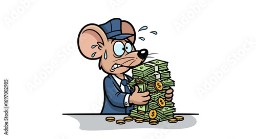 Stressed Mouse Holding a Huge Pile of Money