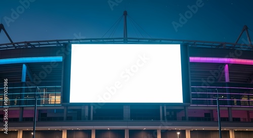 A large blank white digital screen on a modern stadium facade illuminated by blue and pink lights at night.
