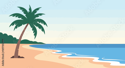 A serene beach scene featuring a palm tree, sandy shore, and the ocean under a clear sky.