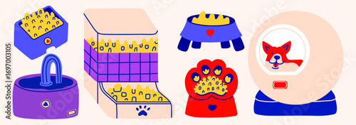 Pet care trendy flat design elements set. Automatic feeders, water dispenser, food bowls, comfy pet bed. Modern colorful vector illustrations