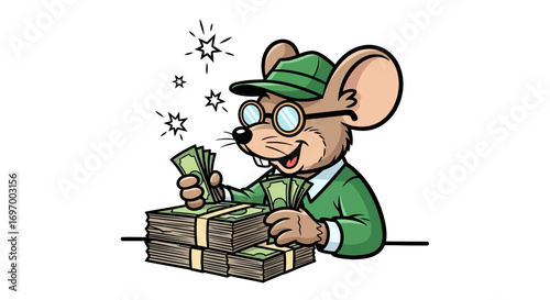 Cartoon Mouse with Money Stacks, Wearing Glasses and a Green Suit