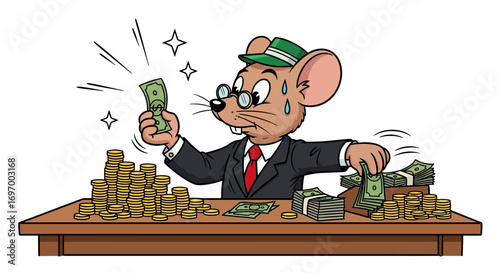 Stressed Business Mouse Counting Money and Gold Coins