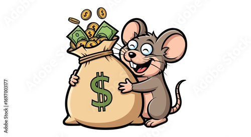 Happy Mouse Hugging a Bag of Money
