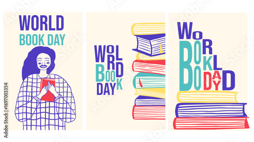 World Book Day banner. Smiling girl with book and stack of colorful books.
