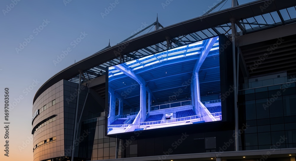 Large LED screen mounted on the exterior of a modern stadium at twilight.
