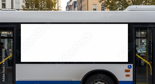 Blank advertising billboard on the side of a city bus.