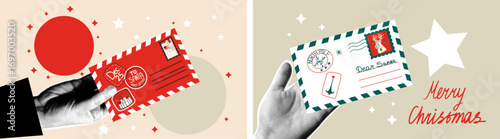 Retro Christmas cards design. Halftone hands holding Christmas letters. Trendy collage.