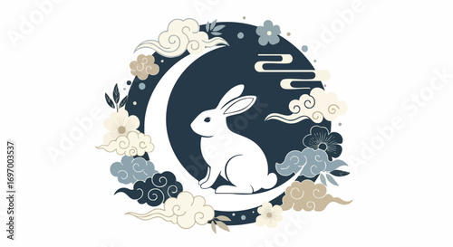 Lunar rabbit nestled on moon in floral and cloud frame, lunar rabbit central to Mid-Autumn Festival, perfect for festival celebrations. Moon and rabbit design brings ethereal vibe to illustrations.