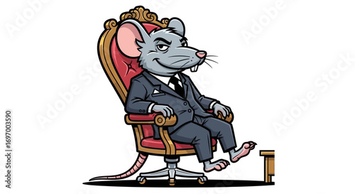 Smug Rat in Suit Sitting on Ornate Chair
