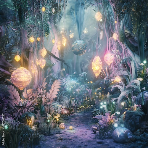 Magical woodland illuminated by dreamy lanterns high resolution picture