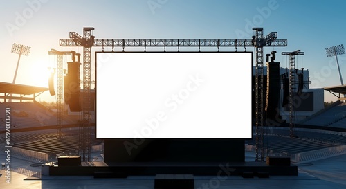 Large blank LED screen at sunset in a stadium, ready for advertisement or event.
