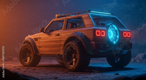 Wooden Suv Concept 3d Render Neon Lights Night