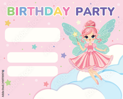 Invitation for birthday party with cute fairy girl flies in the sky with wings and a magic wand on color background. Birthday Banner, Flyer, Greeting Card. Vector illustration in flat cartoon style