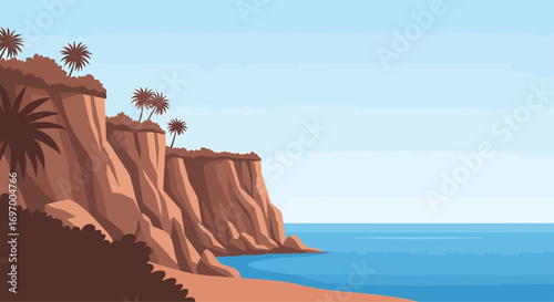 Coastal cliffs with palm trees and ocean view.