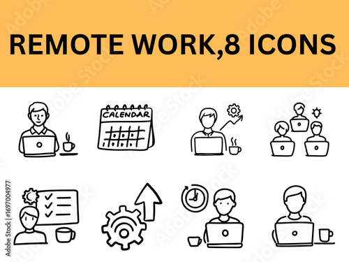 Remote work icons depicting various tasks and collaboration concepts