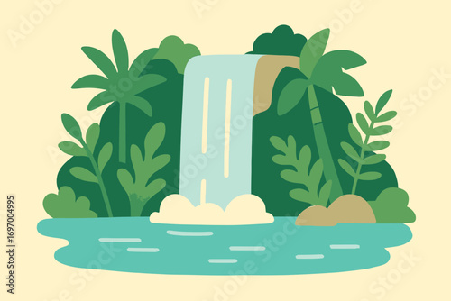 A detailed description, 6-180 characters, no keyword lists.     The image shows a stylized waterfall in a lush jungle or tropical setting with palm trees and...