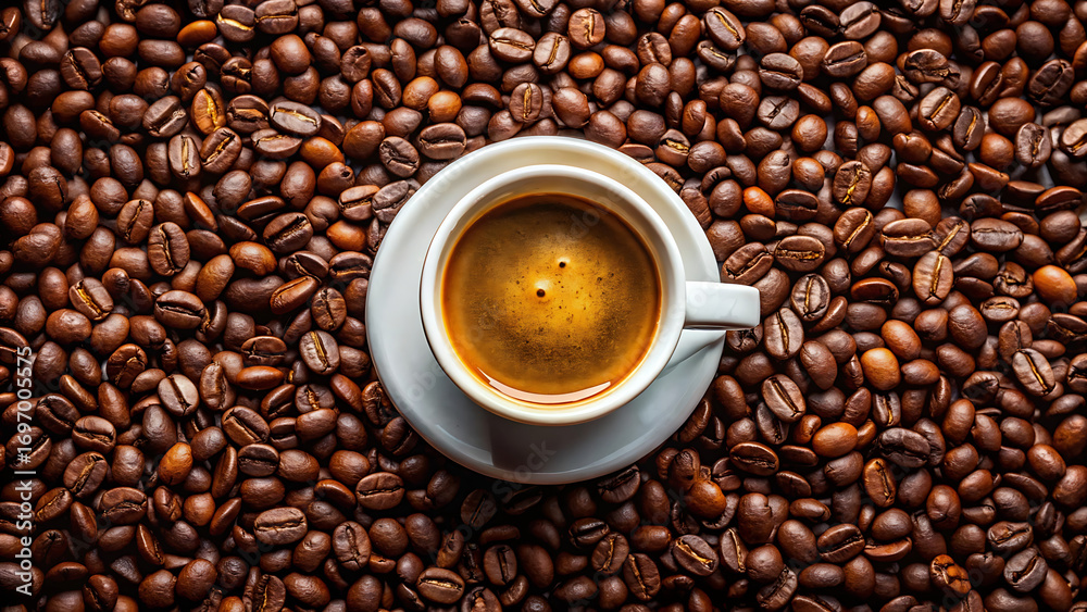 Fototapeta premium Freshly Brewed Espresso in a Small Cup with Coffee Beans