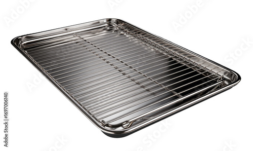 Stainless steel rectangular baking sheet with removable wire rack.  A high-quality,  metal baking pan with an embedded wire rack.  The pan is angled, showing its smooth,  reflective surface.