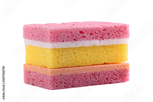 Stacked sponges in pink, yellow, and white layers