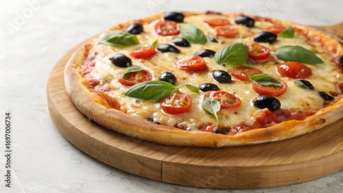 Delicious margherita pizza topped with fresh basil and olives