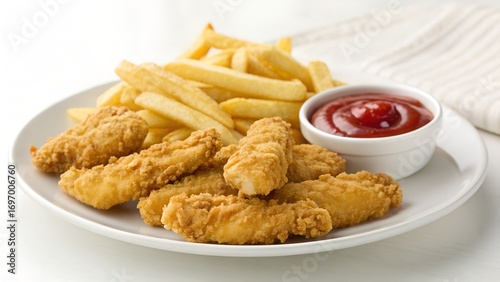 Crispy chicken tenders and golden french fries with ketchup