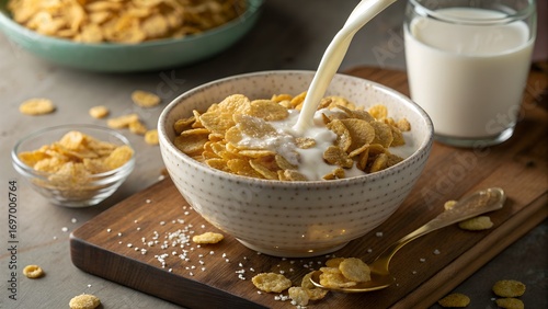 Pouring milk over a bowl of crunchy cereal for breakfast