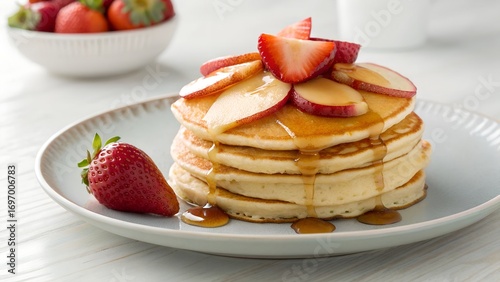 Delicious stack of pancakes topped with strawberries and syrup