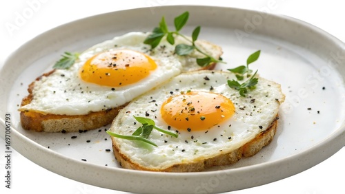 Two sunny side up eggs on toast with fresh herbs