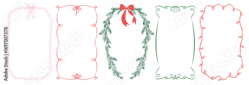 Set of vintage frames and vertical borders for greeting cards, Christmas and New year party, invitations in cute minimalist style. Hand drawn line border illustration for social media template. Vector