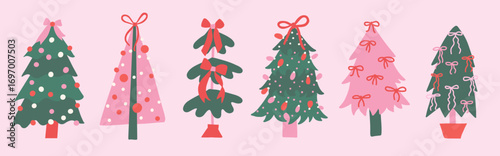 Cute set of Pastel Coquette Christmas Trees with Bow, Pink and Mint Green Doodle Hand Drawn ribbons and baubles. Flat hand drawn vector illustration.
