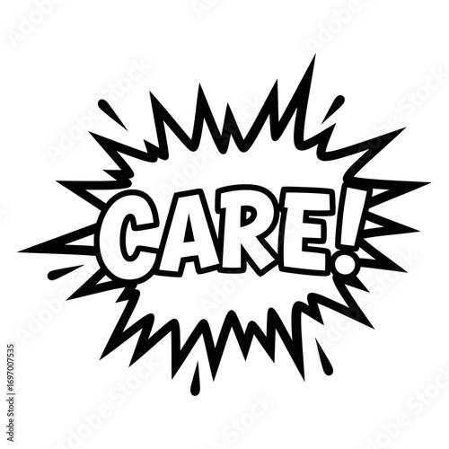 Comic Style "Care!" Word Burst with Sharp Black Outline