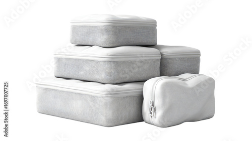 Stacked, light gray, zippered storage containers.  Various sizes