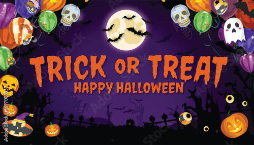 Happy halloween scary jack lantern with purple tone full moon night background 