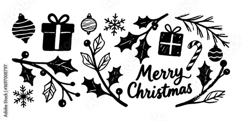 Hand-drawn Christmas icons including holly branches, gifts, candy cane, and snowflakes in black ink on white background. Holiday celebration theme