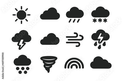 Weather Condition Icons. Solid style icons of weather conditions: sunny, cloudy, rainy, snowy, stormy, foggy, windy, thunderstorm,