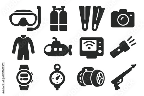 Underwater Exploration Icons. Solid style icons of underwater exploration: diving mask, oxygen tank, flippers, underwater camera,