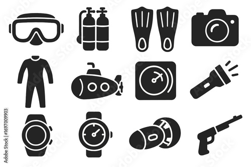 Underwater Exploration Icons. Solid style icons of underwater exploration: diving mask, oxygen tank, flippers, underwater camera,